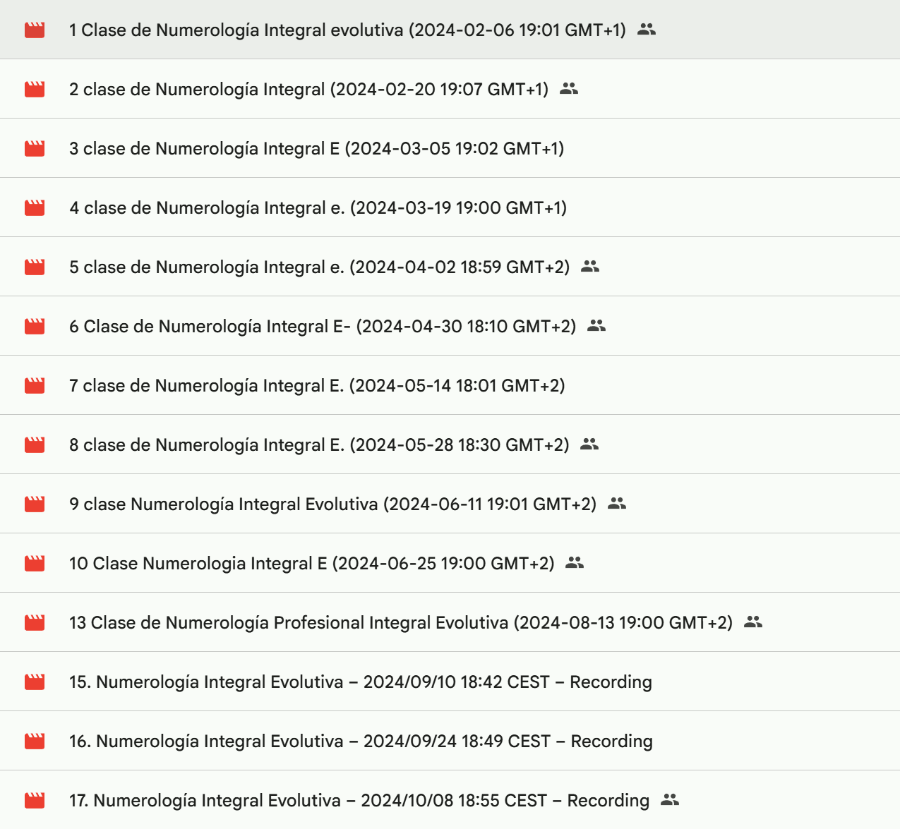 Listado de clases del curso grabadas en drive de alumnas